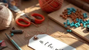 Flat-lay of colorful craft tools with playful label on a wooden desk.