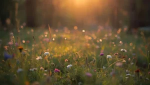 Dreamy woodland clearing with glowing motes and wildflowers at golden hour.