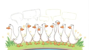 Cartoon geese by a pond with playful expressions and empty speech bubbles ready for puns.