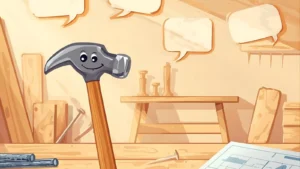 Friendly cartoon hammer in a cozy workshop with speech-bubble blueprints around it.