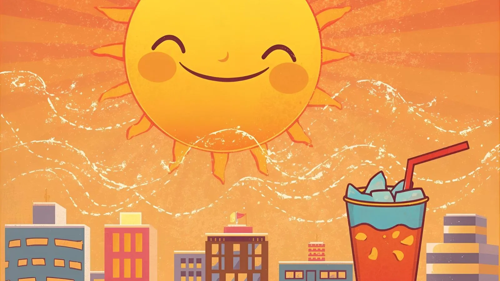 “Cartoon sun shining over a warm city rooftop with visible heat waves.”