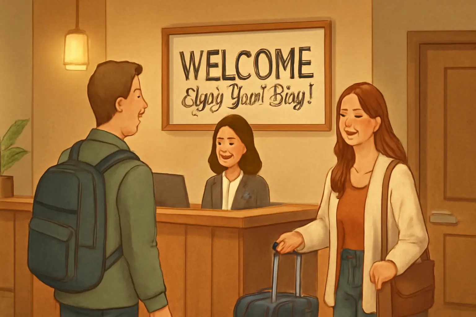 Warm hotel lobby with suitcases, a front desk, and smiling guests enjoying a relaxed stay.