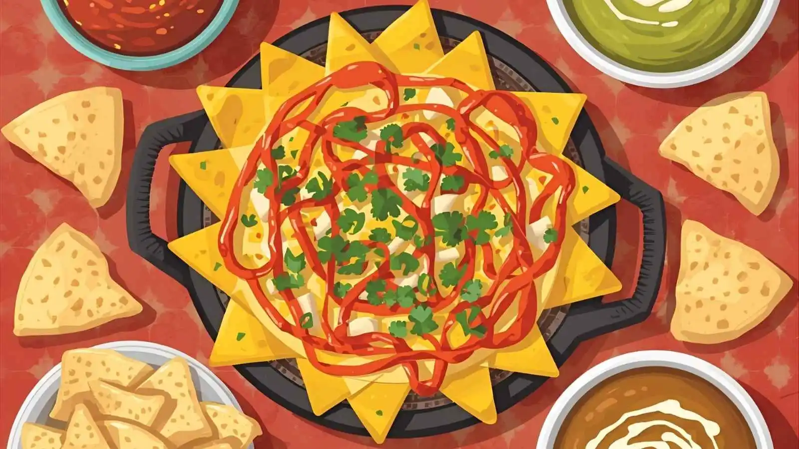 Nacho platter with tortilla chips, queso drizzle, salsa, and guacamole on a snack table.