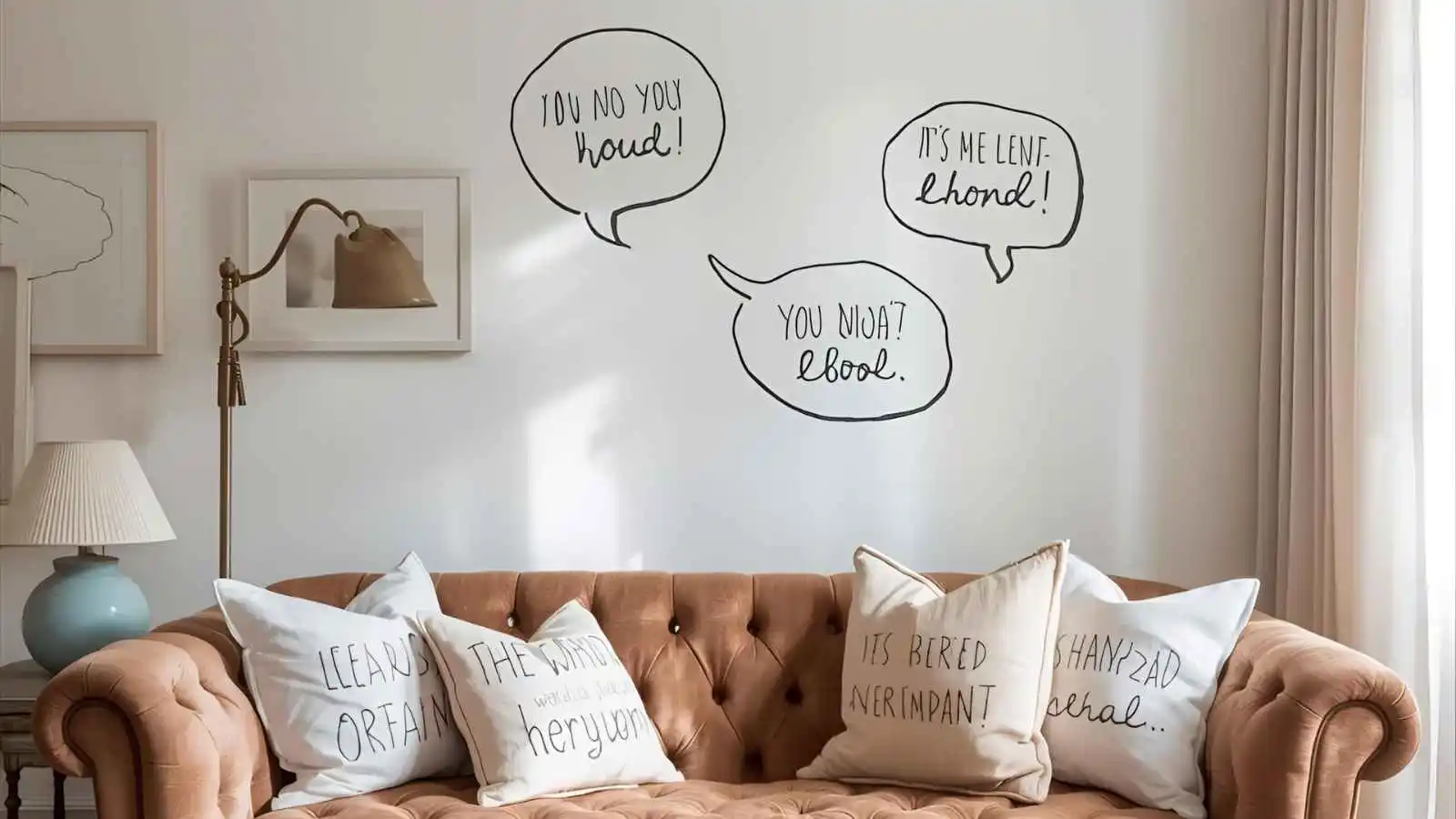 “Vintage velvet settee in a cozy living room with playful speech bubbles suggesting couch puns.”